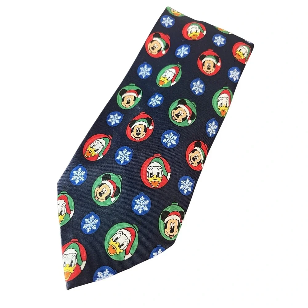 Disney Mickey Mouse Donald Duck Christmas Ornament Navy Blue‎ Polyester Necktie